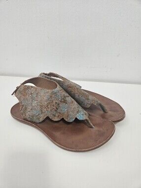 CYDWOQ Sandals Sz 38 Artsy Turquoise Brown Textured Leather Thong Scalloped Edge